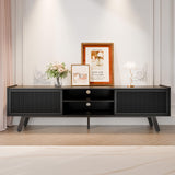 Buytime Black TV Stand for 65 70 Inch TV, Modern Iron Rattan TV Console with Sliding Door, Entertainment Center with Storage and Adjustable Shelves, Media Console for Living Room and Bedroom Buytime