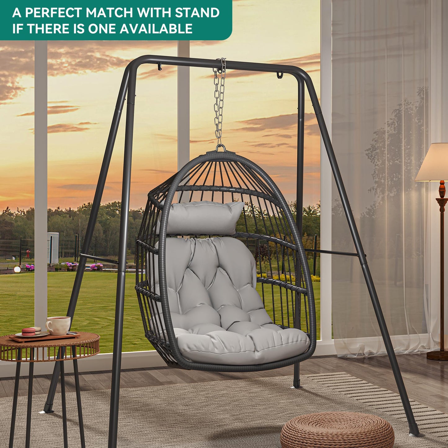 YITAHOME Hanging Egg Chair Swing Chair Outdoor Patio Wicker Chair Swing Hammock Egg Chairs with Cushion 330lbs for Patio, Bedroom, Garden and Balcony, Dark Gray(Stand not Included) - WoodArtSupply