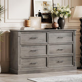IDEALHOUSE Grey 6 Drawer Dresser for Bedroom, Farmhouse Large Double Chest of Drawers with Metal Handles, Rustic Wooden Dresser for Living Room, Hallway IDEALHOUSE