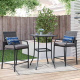 JOIVI 3 Piece Patio Bar Set, Outdoor Wicker Counter Height Bar Stools and Wood Top Table Set for 2 People, Bar Height Table Bistro Set with 2 Bar Chairs and Cushions for Backyard, Balcony JOIVI