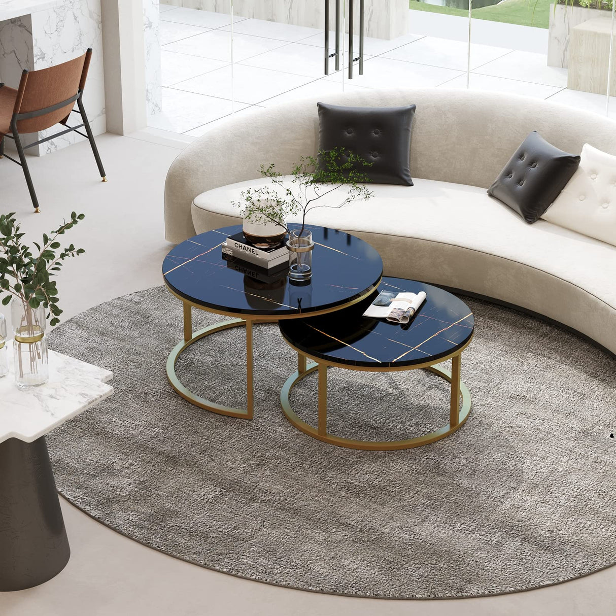 WiberWi Round Coffee Table Nesting Tables Set of 2, Large : Ø 34.0", Small : Ø 26.0", Modern Design Coffee Tables for Living Room, Gold Metal Frame Circle Cocktail Table, High Glossy Faux Black Marble WiberWi