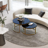 WiberWi Round Coffee Table Nesting Tables Set of 2, Large : Ø 34.0", Small : Ø 26.0", Modern Design Coffee Tables for Living Room, Gold Metal Frame Circle Cocktail Table, High Glossy Faux Black Marble WiberWi