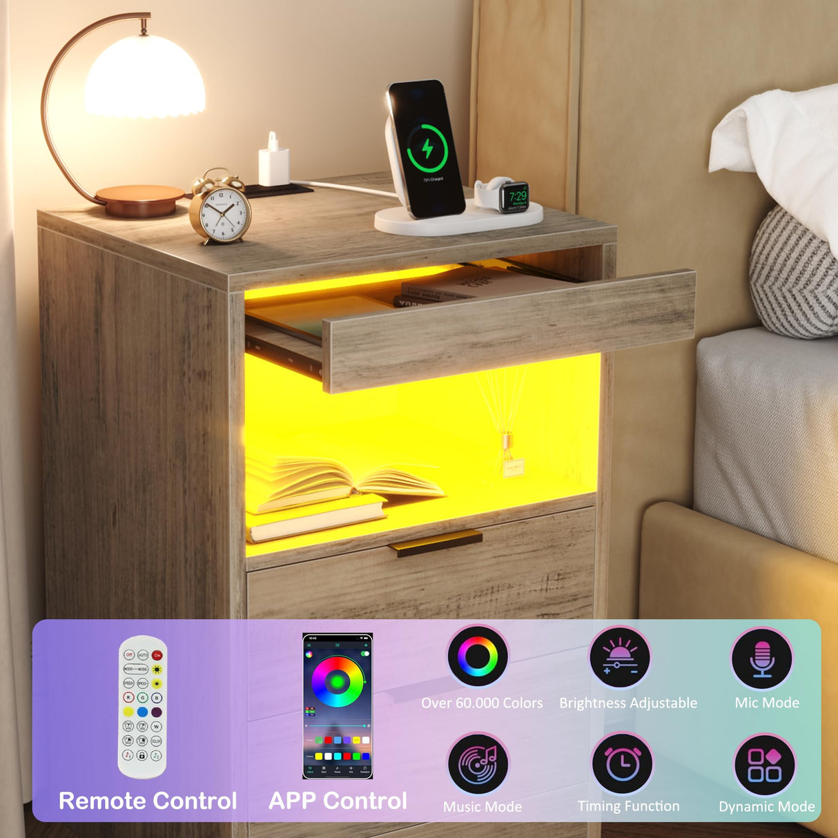 Gadroad LED Nightstand with Charging Station, Bedside Table with 3 Drawers and LED Lights, End Table Sofa Couch Side Table with Pull-Out Shelf, Grey Gadroad