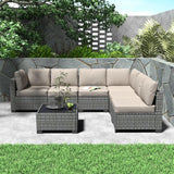 6 Piece Outdoor Patio Furniture Set with Coffee Table, Rattan Deck Conversation Sofa Set, All-Weather Sectional Rattan Sofa with Glass Top Coffee Table, Poolside, Garden, Porch, Grey + Beige GAOMON