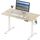 SHW Electric Height Adjustable Sit Stand Desk with Hanging Hooks and Cable Management, 48 x 24 Inches, White Frame and Maple Top SHW
