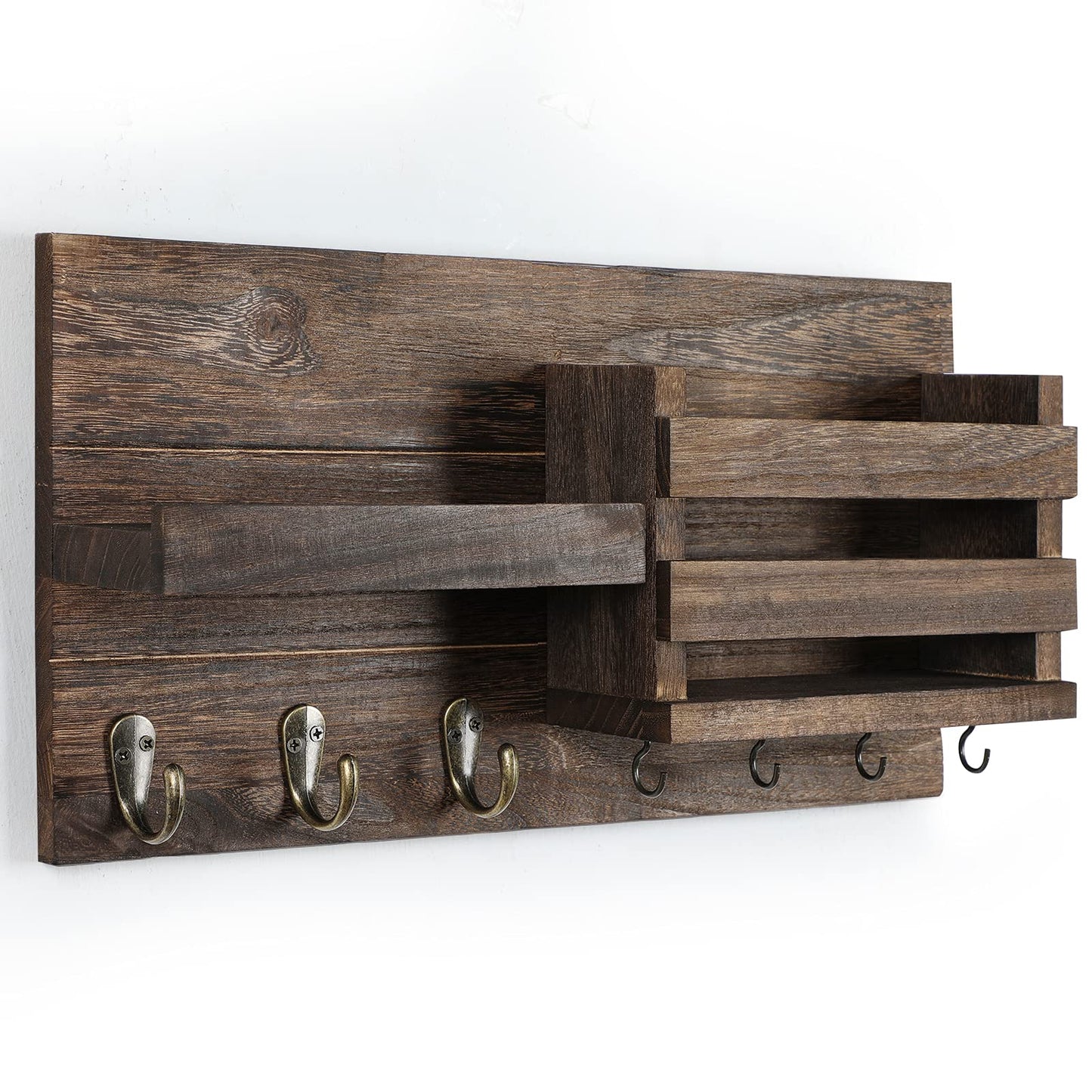 Lwenki Mail Organizer for Wall Mount – Key Holder with Shelf Includes Letter Holder and Hooks for Coats, Dog Leashes – Rustic Wood with Flush Mounting Hardware (16.5” x 8.7” x 3.5”)