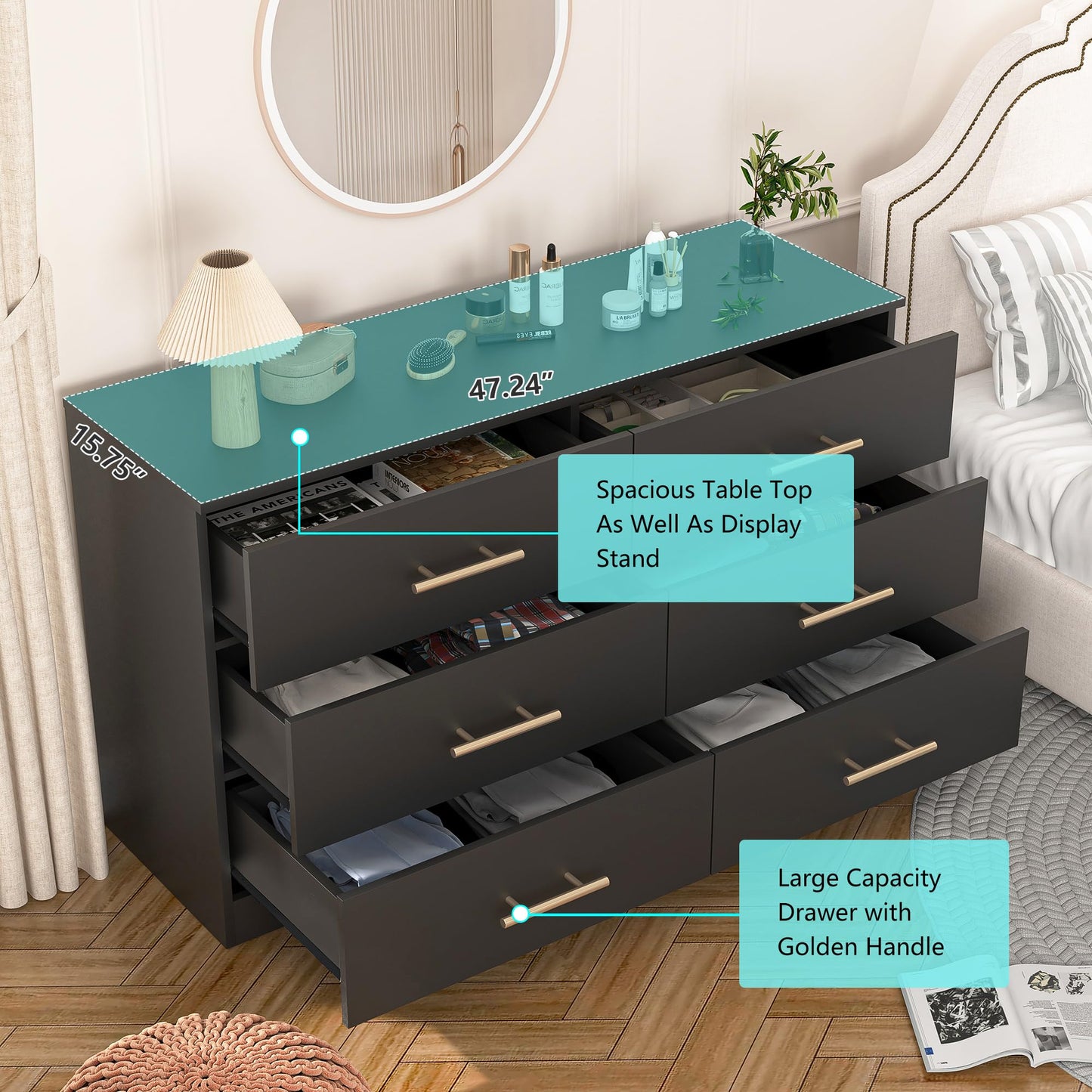 Vibe & Dine Black Dresser for Bedroom with Wide Storage, Modern 6 Drawer Dresser with Gold Handles, Wooden Chest of Drawers for Living Room - WoodArtSupply