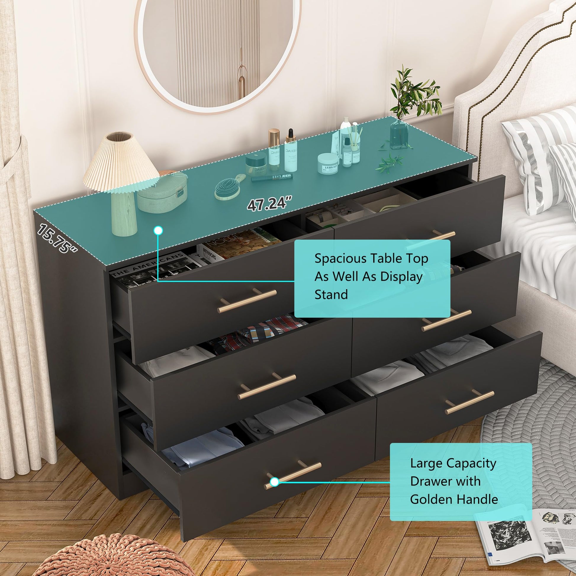 Vibe & Dine Black Dresser for Bedroom with Wide Storage, Modern 6 Drawer Dresser with Gold Handles, Wooden Chest of Drawers for Living Room - WoodArtSupply