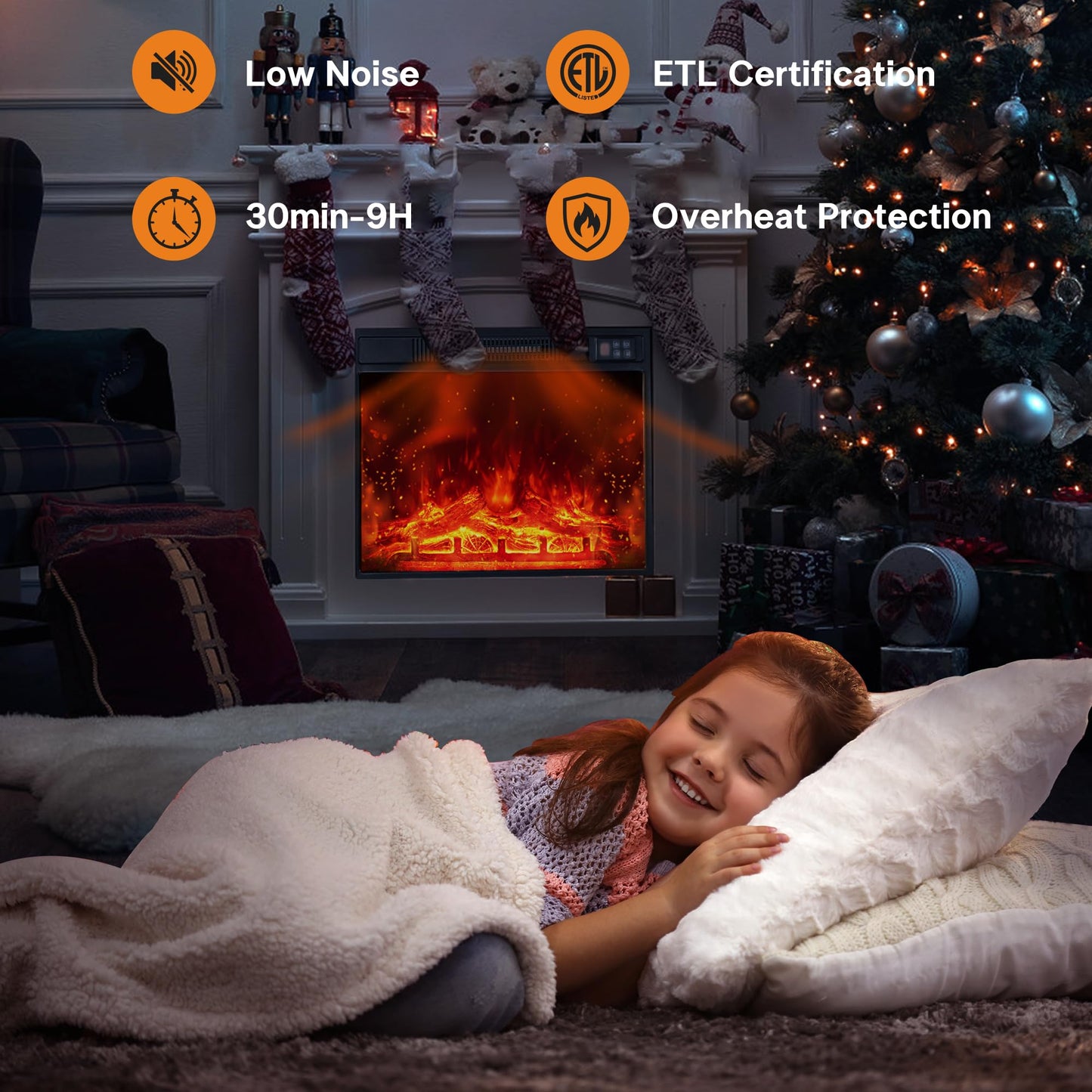 23" Electric Fireplace Insert 1500W Stove Heater for TV Stand with Recessed Mounted Flame LED Logs, Timer Setting, Remote Control Fireplace Heater, Adjustable Flame Color Brightness (Black)