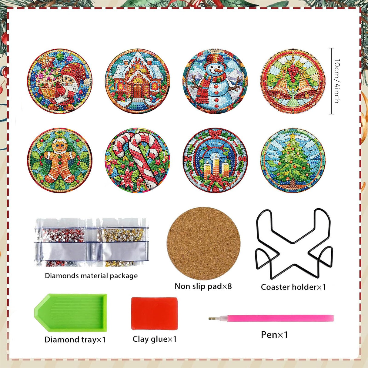 8 Pack Christmas Diamond Art Coasters Kit - Christmas Diamond Painting Coasters Kit Set with Holder Cork Pads, Diamond Art Kits for Adults Coaster, Gift for Handmade Lovers Non-Slip 3.9inch ajepon