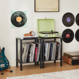 LELELINKY 2-Tier Record Player Stand with Vinyl Record Storage up to 100 Albums, Bedroom Record Holder and Multi-Functional End Table for Living Room, Black LELELINKY