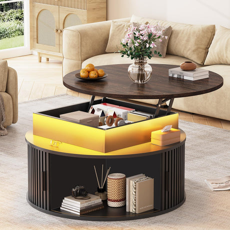 Itaar 31.5" Lift Top Coffee Table, 3-Tier Round Coffee Table with Storage, Fluted Coffee Tables for Living Room with Sliding Cabinet Door, LED Center Table, Black Itaar