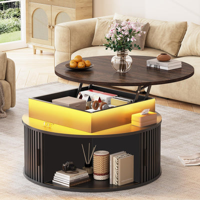 Itaar 31.5" Lift Top Coffee Table, 3-Tier Round Coffee Table with Storage, Fluted Coffee Tables for Living Room with Sliding Cabinet Door, LED Center Table, Black
