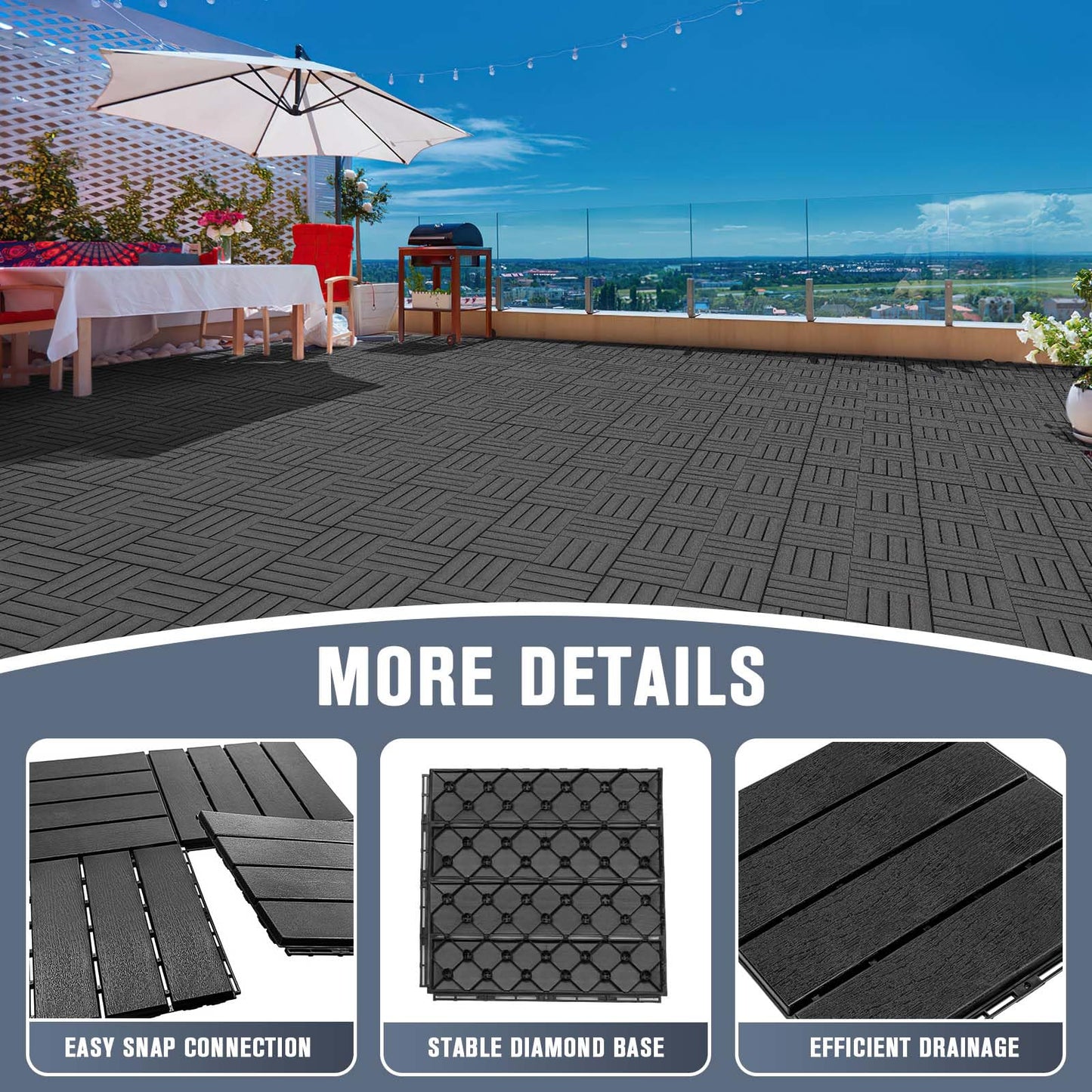 Interlocking Deck Tiles, 9 Pack Plastic Deck Tiles Outdoor Flooring Waterproof, 12"x12" Patio Flooring for Pool Porch Poolside Balcony Backyard Porch, Black - WoodArtSupply