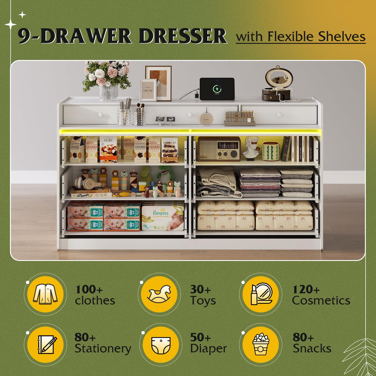 WLIVE 9 Drawer Led Dresser for Bedroom, 58.35'' White Wood Dresser Storage Organizer with Power Outlets for 65'' TV, Dressers with Open Shelves, Chest of Drawers for Closet, Living Room WLIVE