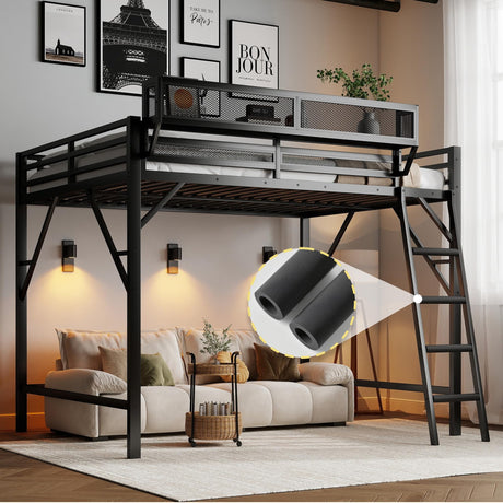 Queen Size Loft Bed with Storage Shelves & Soft Foam Ladder, Metal High Loft Bed with Large Under-Bed Space & Guardrail, Heavy-Duty Modern Beds for Adults Teens and Kids, No Box Spring Needed, Black Aurnienofus