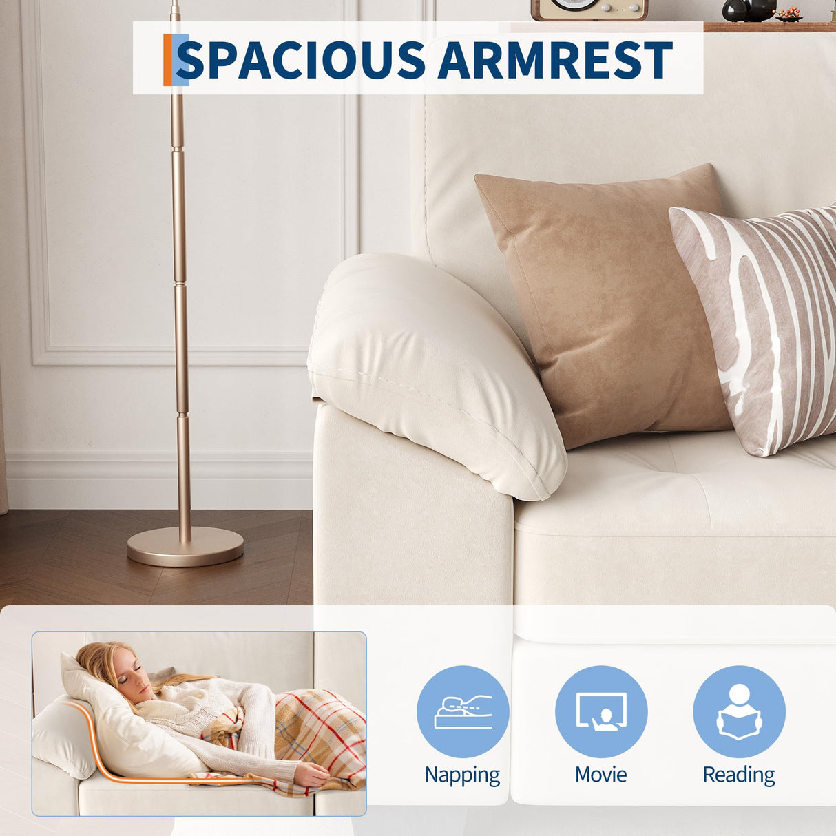 GarveeHome 90 in 3 Seater Sofa Counch Velvet Upholstered Oversized Loveseat with Soft Spacious Armrests, Comfy Button Tufted Couch for Living Room, Bedroom, Apartment, Beige GarveeHome