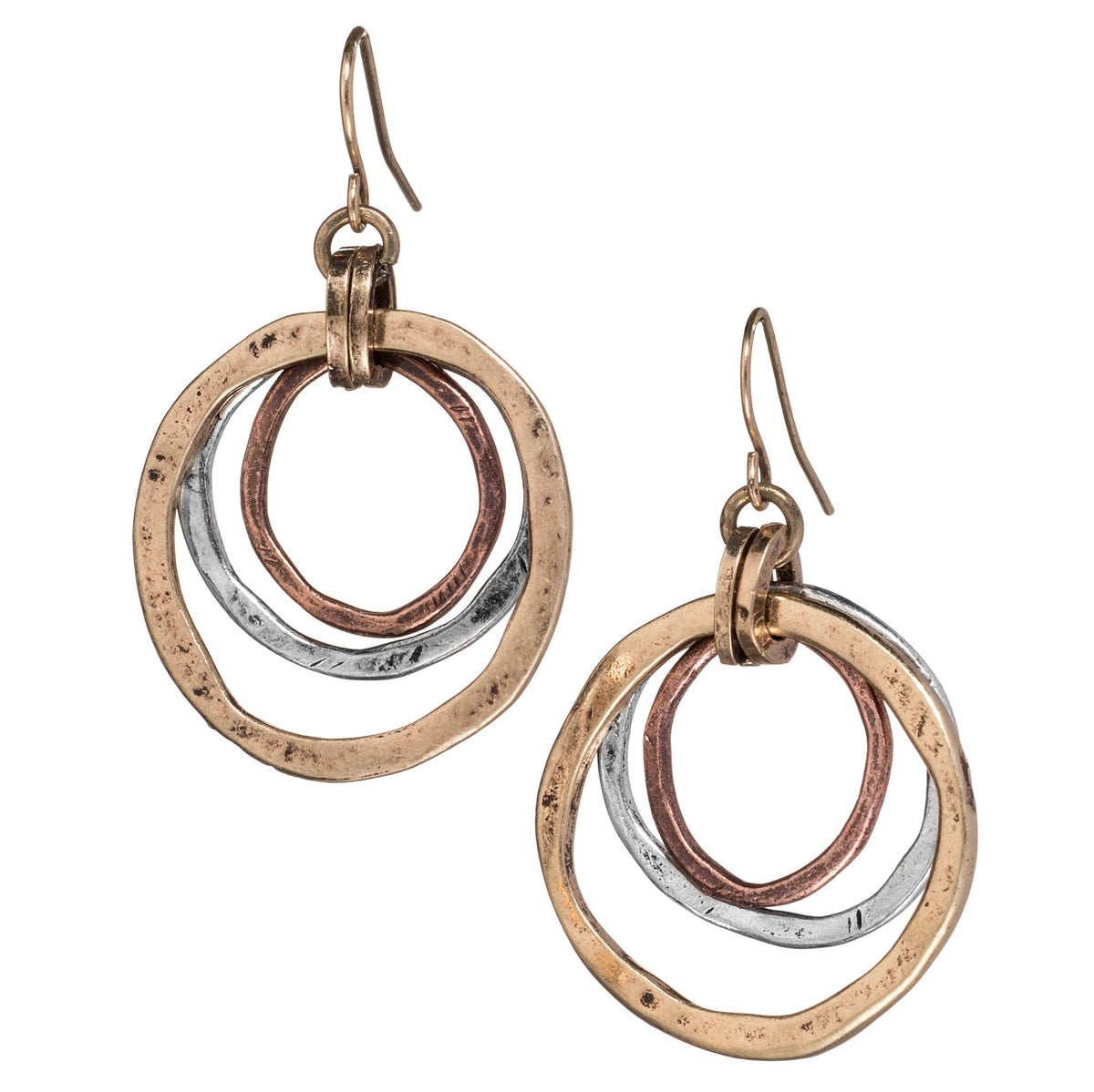 Handmade Sunrise Tricolor Dangle Earrings - Burnished Circles, Copper, Brass and Silverplated Of Earth and Ocean