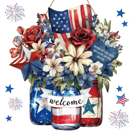 Marsui Patriotic Door Sign 4th of July Wreaths for Front Door Wooden Independence Day Door Decoration Vintage Red White Blue Welcome Wood Hanging Sign American Flag Door Hanger for Wall Bathroom Decor Marsui