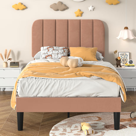 VECELO Twin Size Bed Frame with Upholstered Headboard, Velvet Platform Bedframe Mattress Foundation, Strong Wood Slat Support, No Box Spring Needed,Tan Brown VECELO