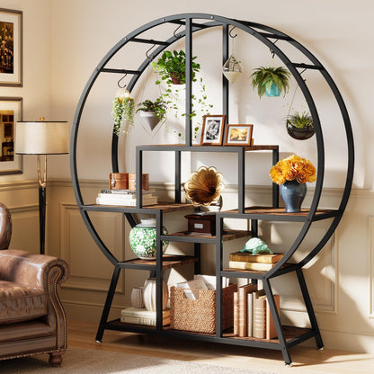 Tribesigns 65" Industrial Round Bookshelf with 7-Tier Wooden Shelves and Hooks for Stylish Storage - WoodArtSupply