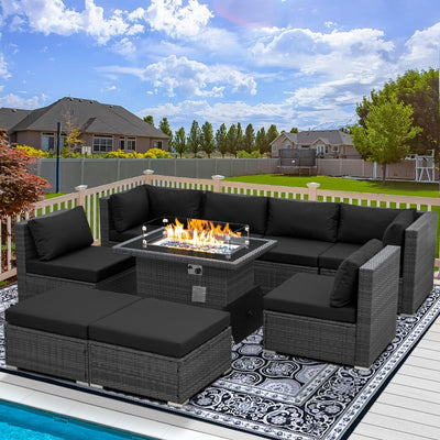 RADIATA 9 Piece Wicker Patio Furniture Set with Fire Pit, All-Weather Outdoor Sectional Couch High Back Large Size, Modular Backyard Seating Sofa Set with Propane/Natural Gas Firepit Table, Grey&Black