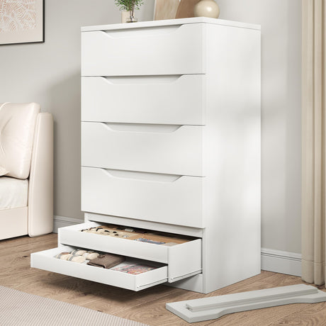 White Tall 5 Drawer Dresser for Bedroom with Hidden Storage Design, Large Modern Closet Dressers & Chests of Drawers with Cut-Out Handles, 27.6" L*15.8" W*45.3" H for Bedroom, Living Room, Nursery Jocoevol