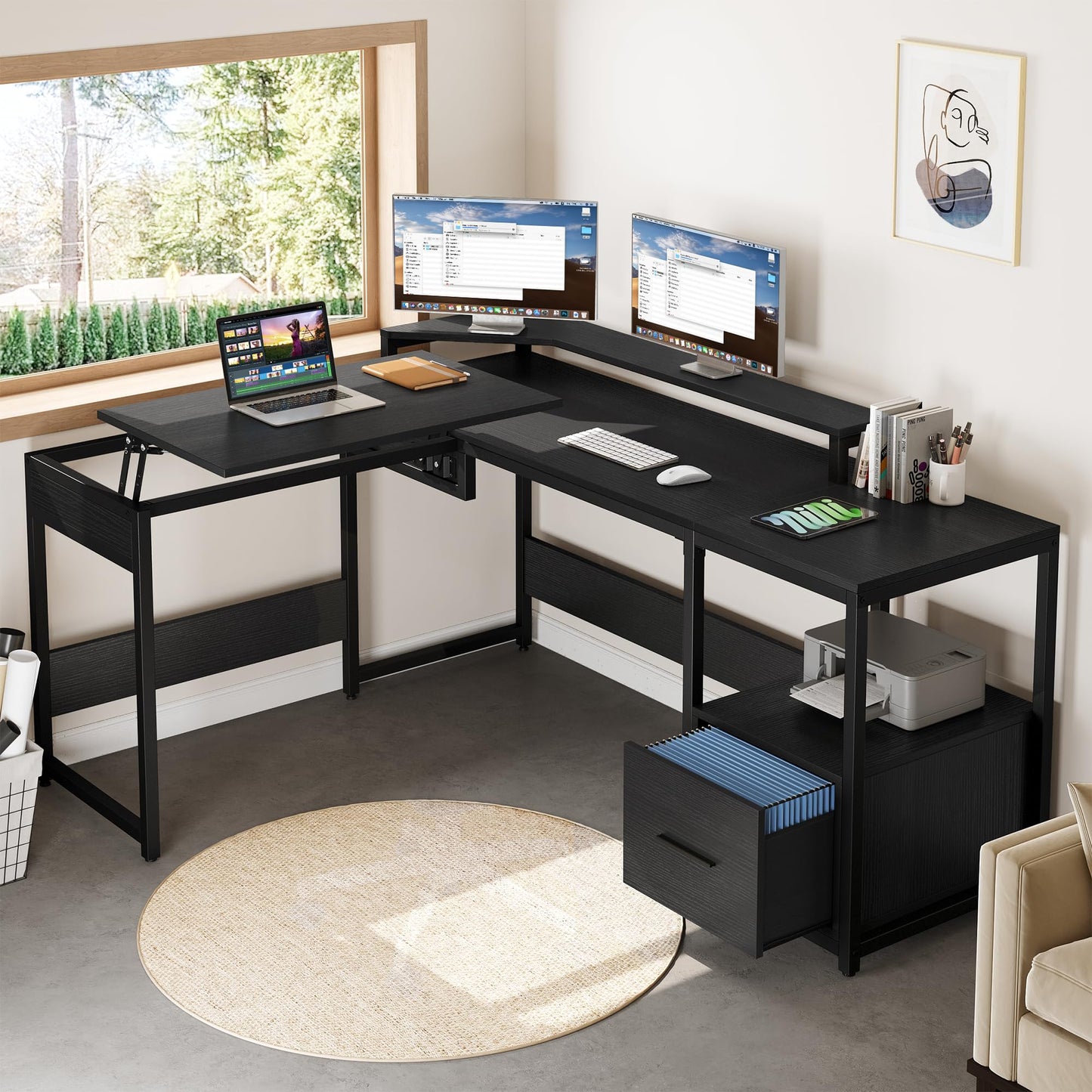 YITAHOME L Shaped Desk with Lift Top, 65" Adjustable Standing Desk with File Drawer, Corner Computer Desk with Storage Shelves,Home Office Desk, Black - WoodArtSupply