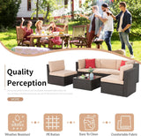 Shintenchi 6 Pieces Patio Furniture Sets Outdoor All-Weather Sectional Patio Sofa Set PE Rattan Manual Weaving Wicker Patio Conversation Set with Glass Table&Ottoman Cushion and Red Pillows, Beige Shintenchi
