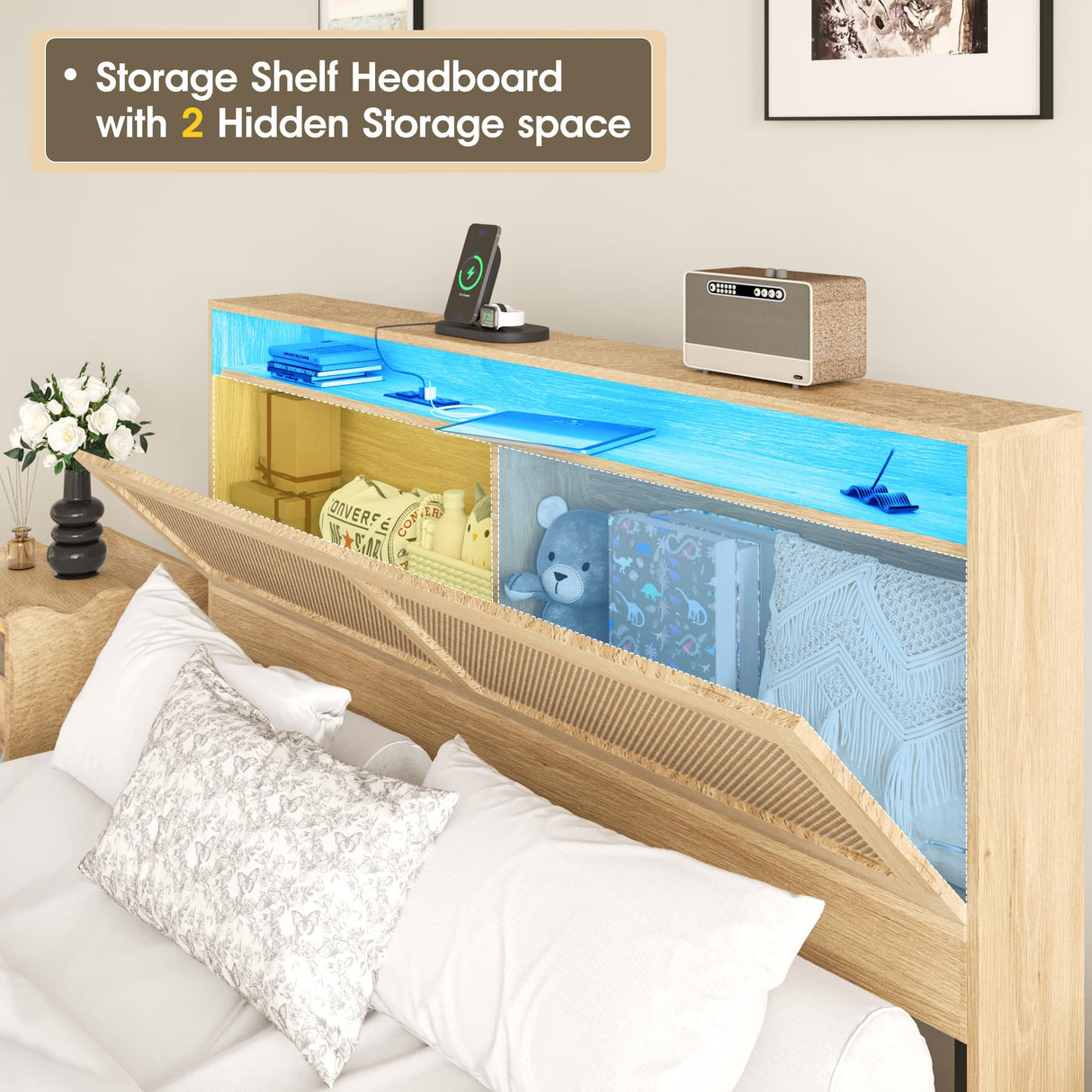 Fameill Boho Full Bed Frame with LED Lighting, Rattan Storage Headboard & 4 Drawers Fameill