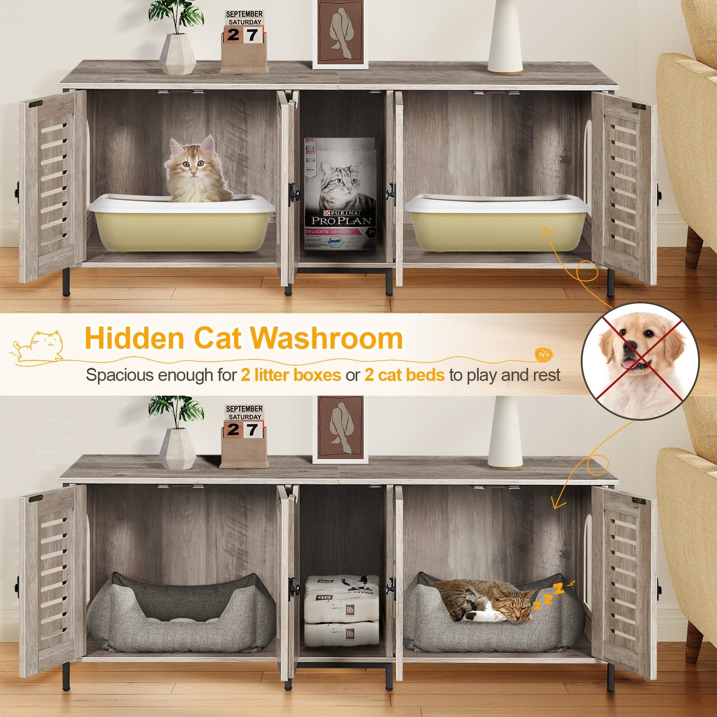 Snughome Cat Litter Box Enclosure for 2 Cats, 51.18’’ Hidden Cat Litter Box Furniture with Double Room, Large Wooden Cat Washroom with Storage Cabinet, Indoor Cat House TV Stand Side Table, Grey