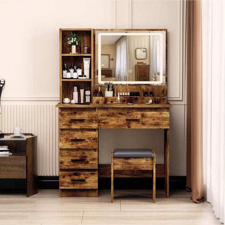 gihusrzx Makeup Vanity Desk with Mirror & Lights, Vanity Desk with 5 Drawers & Storage Shelves, Vanity Table with Chair, 3 Color Modes & Adjustable Brightness Dressing Table, Bedroom Retro Brown and gihusrzx