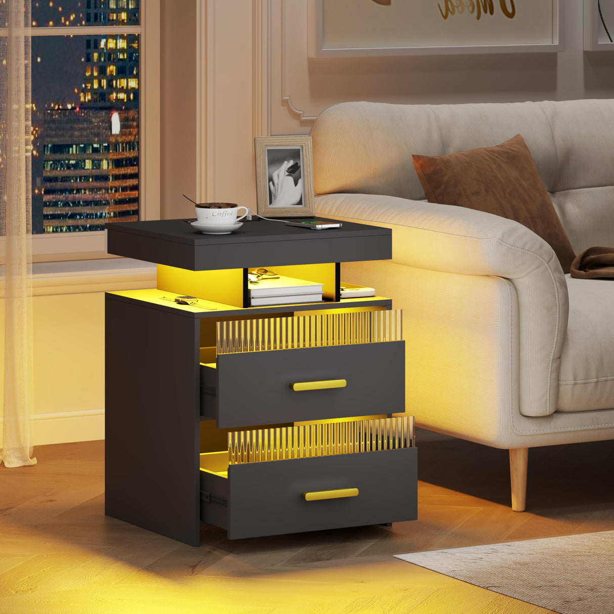 Nightstand with Charging Station and LED Lights, Night Stand with 2 Drawers, Wood Smart Bedside Table, Modern Bed Side Table for Bedroom, Grey QPLZF