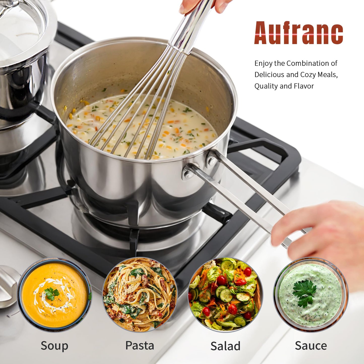 Aufranc Stainless Steel pots and pans set, 6 Piece Nonstick Kitchen Induction Cookware Set,Works with Induction/Electric and Gas Cooktops, Nonstick, Dishwasher