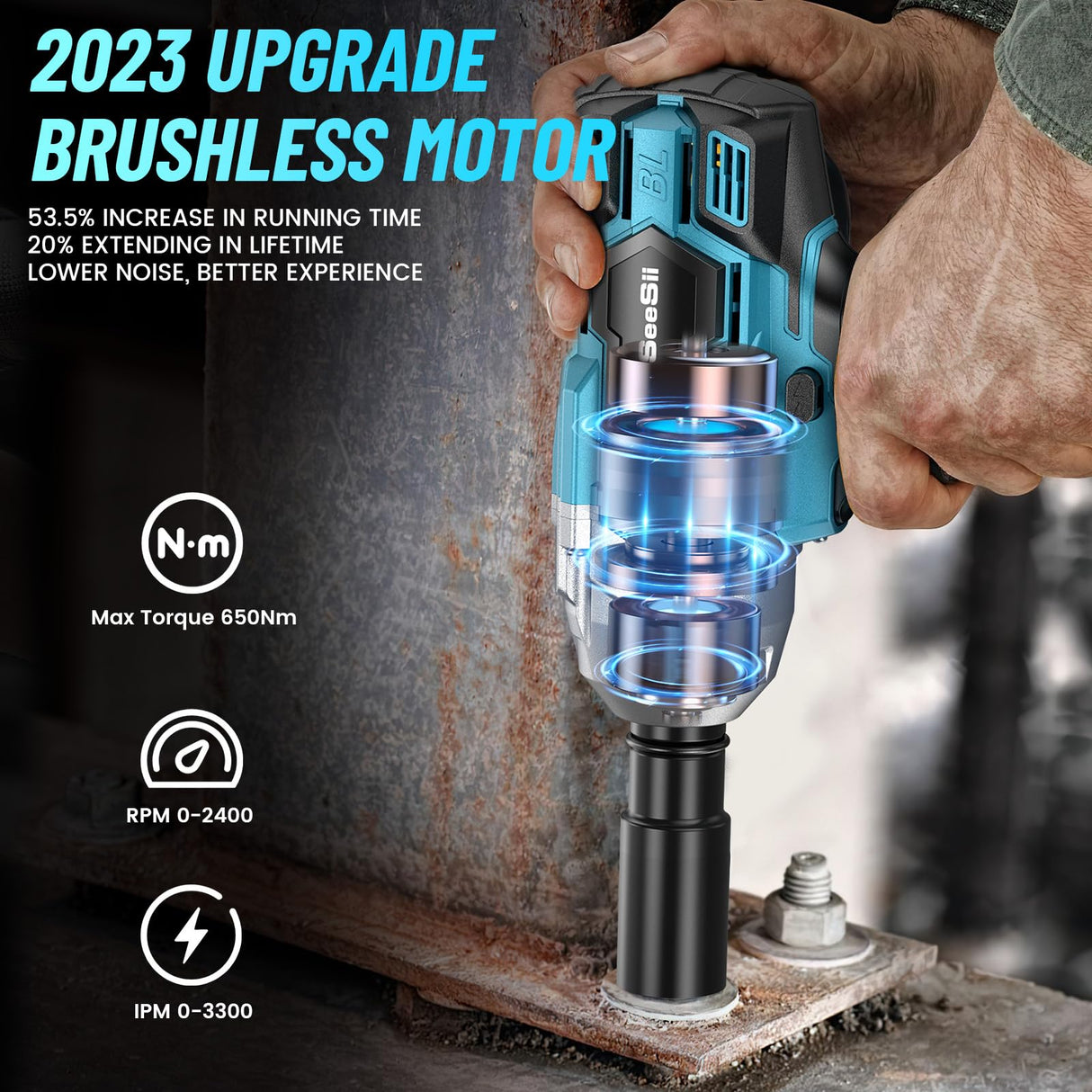 Seesii Cordless Impact Wrench, Brushless Impact Wrench 1/2 inch Max Torque 479 Ft-lbs(650Nm), 3300RPM w/ 2x 4.0 Battery, 6 Sockets,9 Drill,6 Screws, High Torque Power Impact Wrench for Car Home, WH700 Seesii