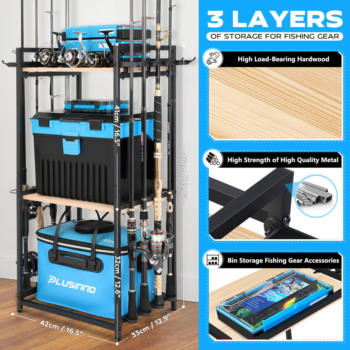 PLUSINNO 3 Tier Fishing Rod Holder, Fishing Pole Holders for Garage, Fishing Rod Rack Fishing Rod Storage Up to 8 Rods, Fishing Gear Tackle Box Fishing Equipment Organizers, Fishing Gifts for Men PLUSINNO