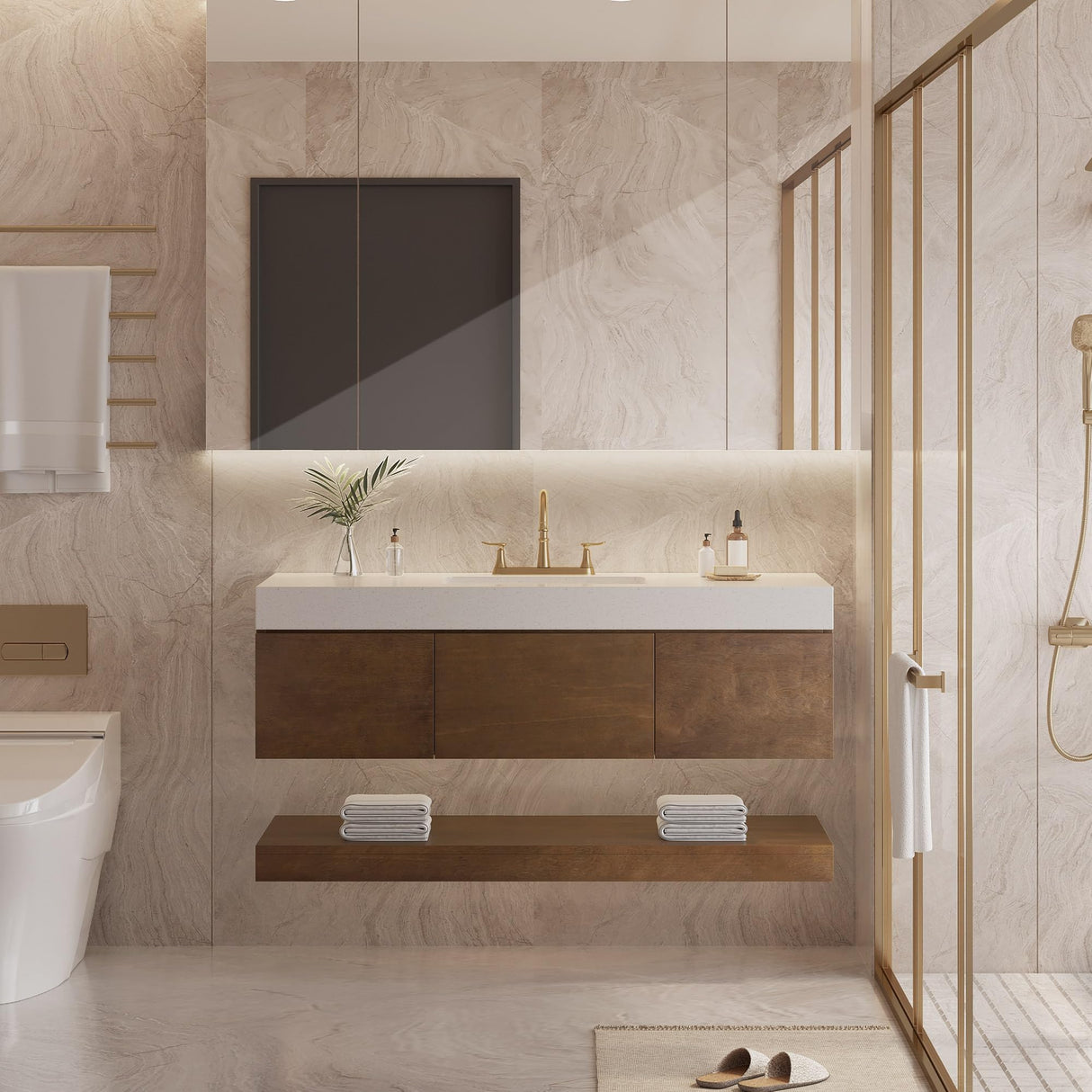 YITAHOME 48 Inch Floating Vanity with 3 Drawers, Wall Mounted Bathroom Vanity with White Quartz Countertop & Oak Veneer, Big Space Storage for Modern Bathroom, Walnut YITAHOME