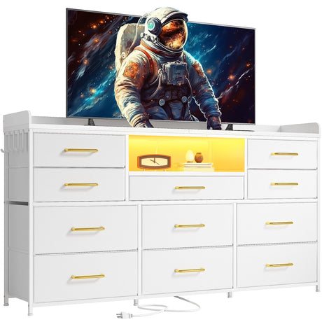 EnHomee Dresser TV Stand with 11 Drawers for 60" TV Stand for Bedroom with LED Lights & Power Outlets Long Dresser for Bedroom with Shelves & 4 Hooks Sturdy Metal Frame & Wood Top, White EnHomee