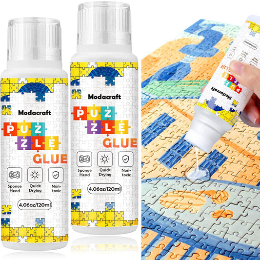 2 Pack 120ml Jigsaw Puzzle Glue with New Sponge Head, Suitable for 1000/3000/5000 Pieces of Paper and Wood Puzzle, Clear Water-Soluble Quick Dry Jigsaw Puzzle Glue, 240ml in Total