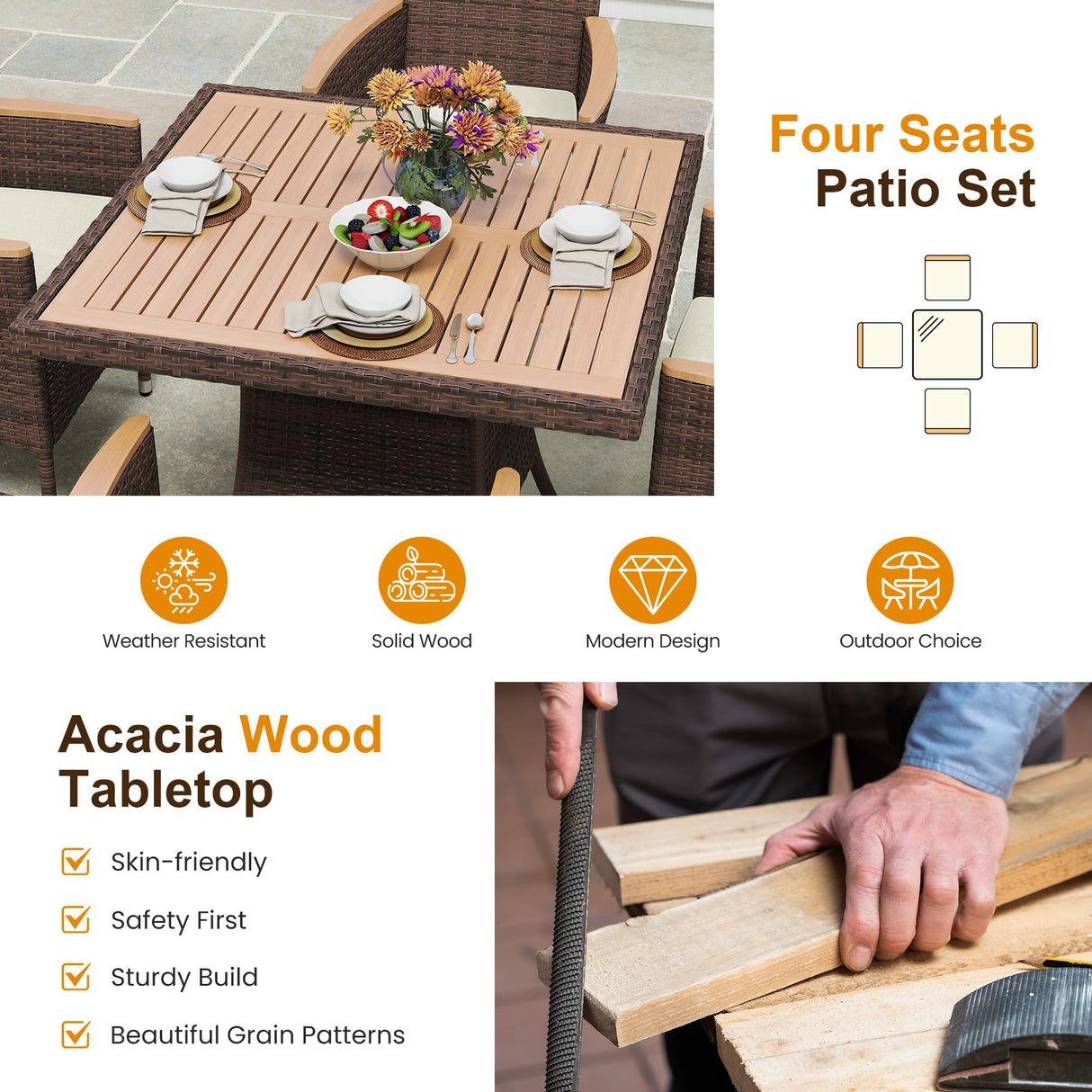 Wisteria Lane Patio Dining Sets for 8, All Weather Rattan Outdoor Table and Chairs with Acacia Wood Tabletop, Patio Dining Furniture with Removable Cushions for Deck Garden, Backyard, Brown Wisteria Lane