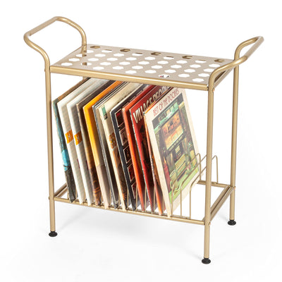 Ilyapa Record Player Stand with Vinyl Record Storage, Gold Metal Table with Shelves for Records, 2-Tier Record Storage, Vinyl Record Holder, Record Player Table, Turntable Stand with 14 Slots