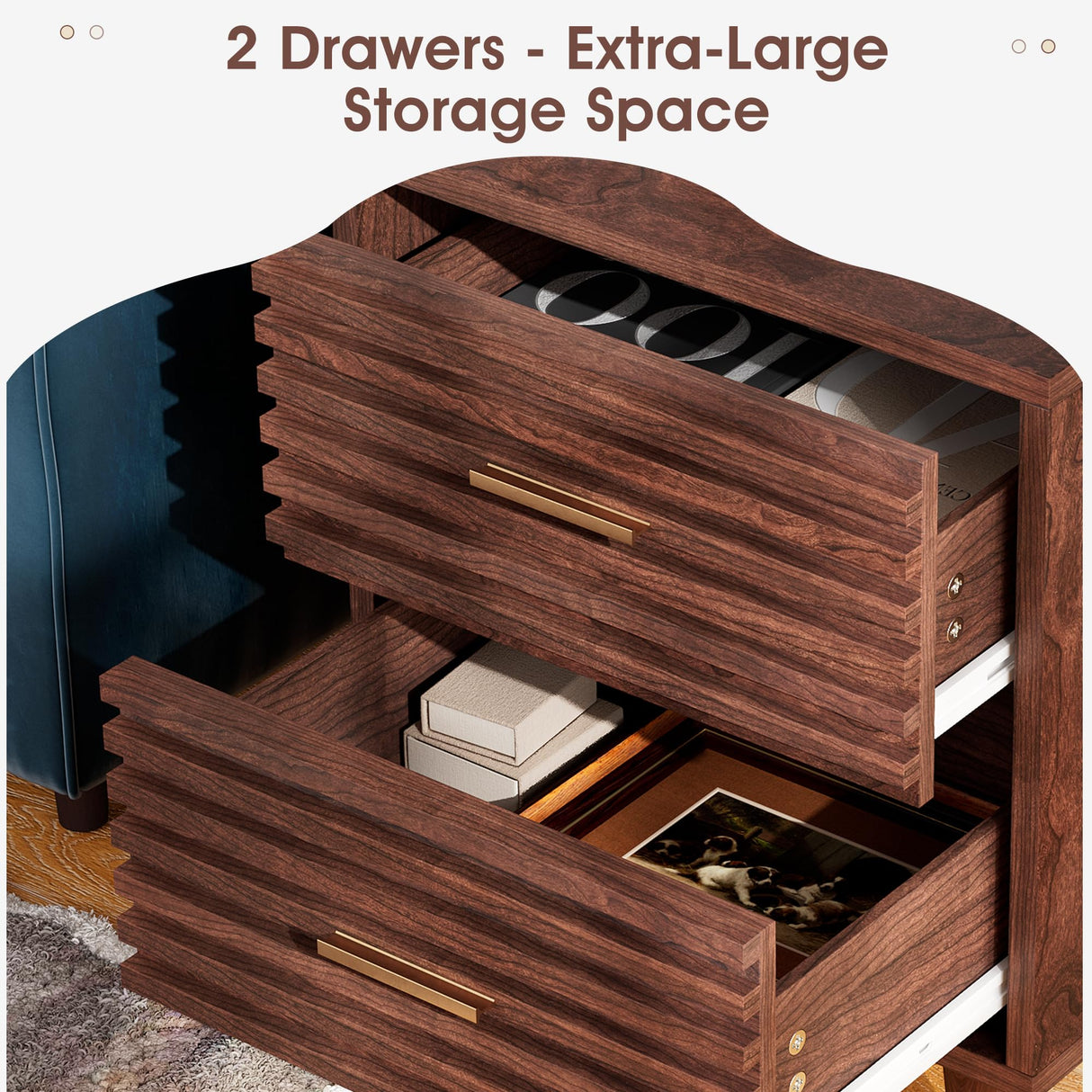 Night Stand with Charging Station Set of 2, Side Table with 2 Drawers, Mid Century Modern End Table with Storage, Wood Bedside Table with USB Ports and Outlets, Nightstand for Bedroom, Brown 2PCS Alohappy