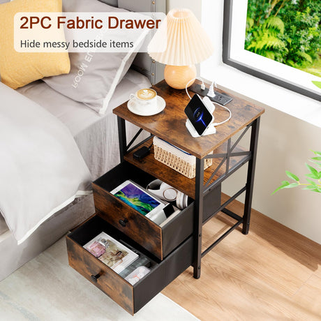 AMHANCIBLE Night Stand Set 2, LED Nightstand with Charging Station, End Tables Living Room with Fabric Drawers, Bedside Table for Bedroom, Rustic Brown, HET052LBR AMHANCIBLE