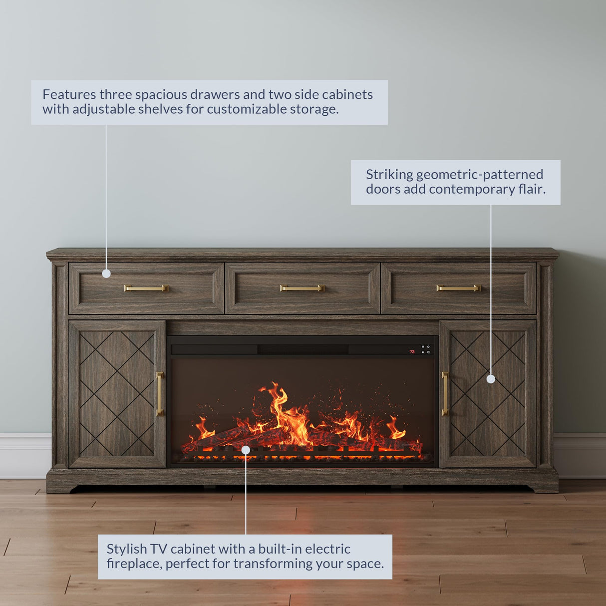 BELLEZE 68 Inch Farmhouse TV Stand with 36" Electric Fireplace with Sound, Entertainment Center with Storage Cabinets & 3 Drawers for TVs up to 75", Media Console for Living Room & Bedroom (Brown) BELLEZE