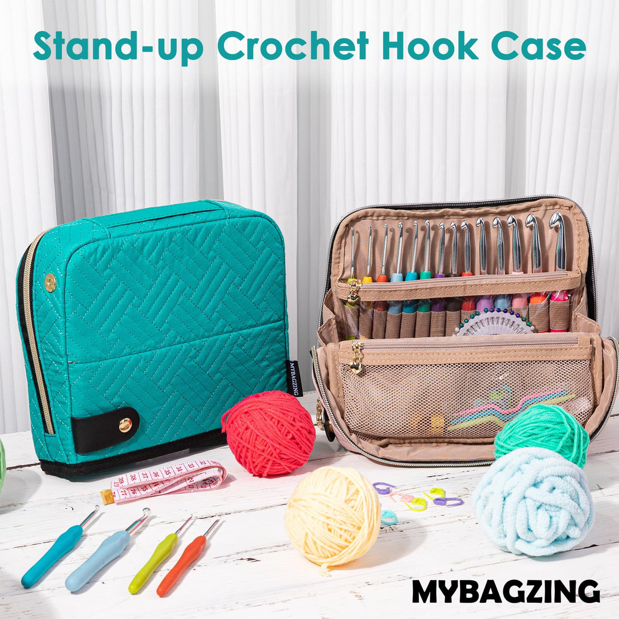 MYBAGZING Crochet Hook Case with 14 Size Crochet Hooks Set 2mm(B)-10mm(N) Ergonomic Crochet Hooks with Crochet Case Stand Up - Crochet Hook Organize for Crochet Lovers, Crochet Kit for Beginners MYBAGZING