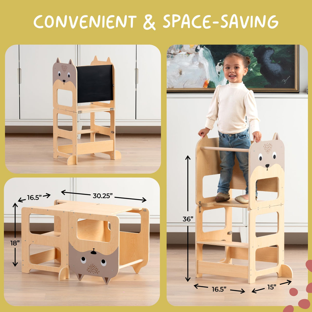 OmaOmaOma Kids Wooden Learning Tower - Foldable Toddler Tower for Children - Toddlers Standing Tower & Kitchen Stool Helper for Counter - Convertible Learning Tower w/Step Stool, Desk, Chalkboard OmaOmaOma