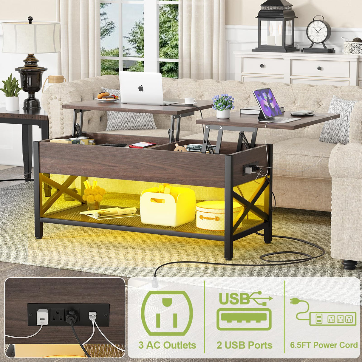 Aheaplus Coffee Table, Lift Top Coffee Table with LED light and Power Outlet, Modern Lift-Top Table with Storage Shelf, Center Table for Living Room with Lift Tabletop, X Support Metal Frame, Espresso Aheaplus