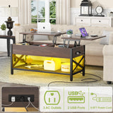 Aheaplus Coffee Table, Lift Top Coffee Table with LED light and Power Outlet, Modern Lift-Top Table with Storage Shelf, Center Table for Living Room with Lift Tabletop, X Support Metal Frame, Espresso Aheaplus