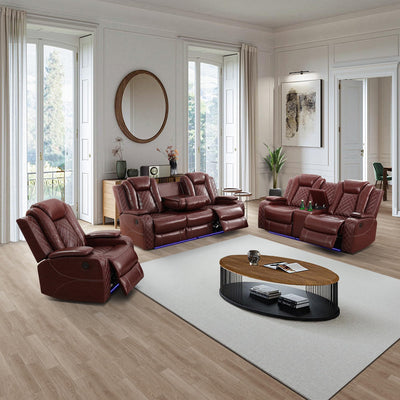 Plithzy Power Recliner Sofa Set with LED, Breathing Leather Living Room Furniture, Reclining Leather Sofa with USB Ports/Cup Holders/Armrest Storage (3 Pieces Couch Set, Garnet)