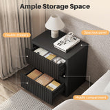 Dripex Fluted Nightstand with 2 Drawers, Large Wide Wood Night Stand Bedside Tables for Bedroom, Mid-Century Modern Storage Bed Side Table, End Tables for Living Room Sofa Couch, Black, Set of 2 Dripex